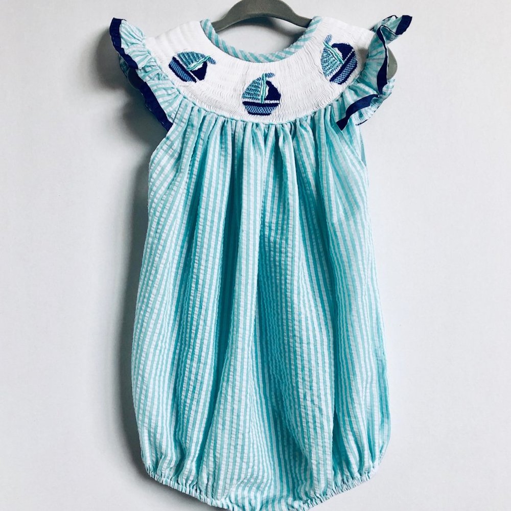 Southern Smocked Nautical Seersucker Bubble Romper